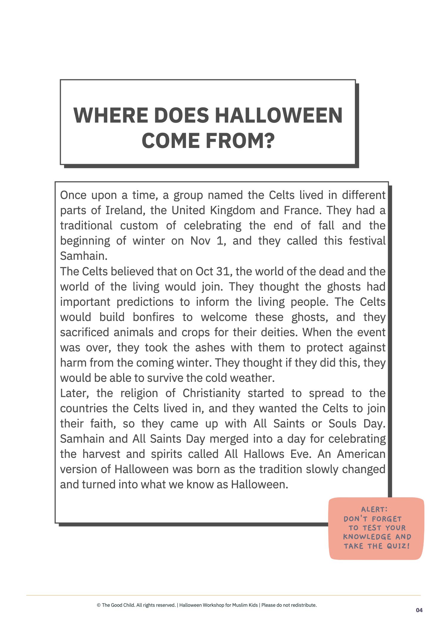 Workbook lesson page: where does Halloween come from?